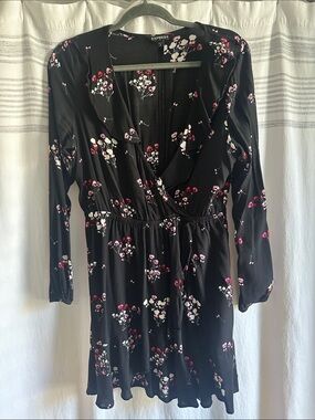 Express Black Floral Long-Sleeve Wrap Dress